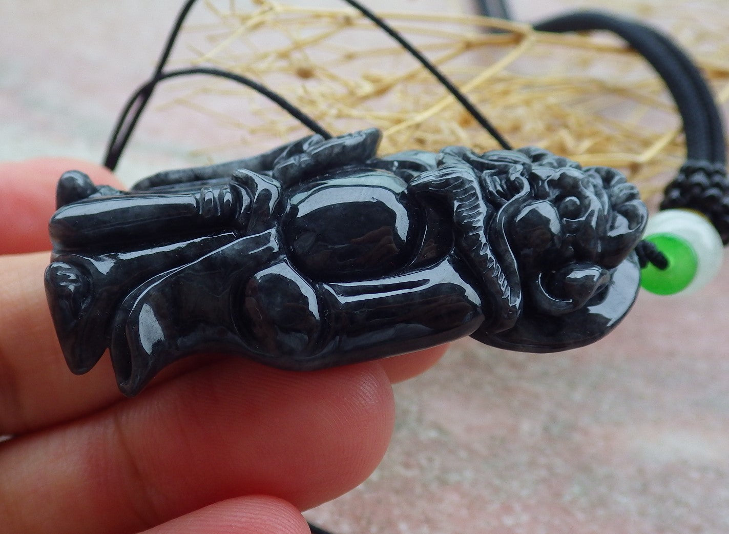 Certified Black Burma 100% Natural A Jade jadeite pendant Zhong Kui God Sword Fan Necklace 钟馗 638800  TN