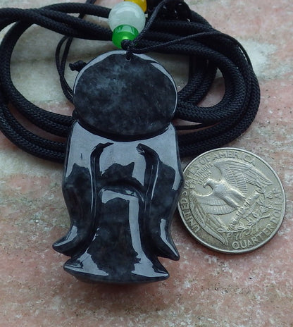 Certified Black Burma 100% Natural A Jade jadeite pendant Zhong Kui God Sword Fan Necklace 钟馗 638800  TN