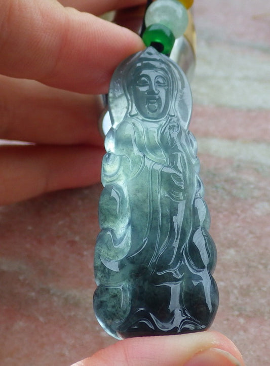 Certified Icy Green Burma 100% Natural A Jade jadeite Pendant Guanyin Kwan Yin Necklace 观音 638856  TN
