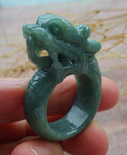 Certified Green Burma 100% Natural A JADE Jadeite Dragon RING USA. 10 龙戒指 638972  TN