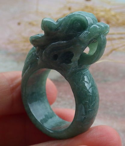 Certified Green Burma 100% Natural A JADE Jadeite Dragon RING USA. 10 龙戒指 638972  TN