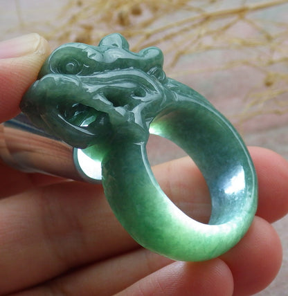 Certified Green Burma 100% Natural A JADE Jadeite Dragon RING USA. 10 龙戒指 638972  TN