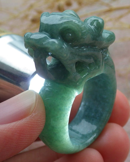 Certified Green Burma 100% Natural A JADE Jadeite Dragon RING USA. 10 龙戒指 638972  TN