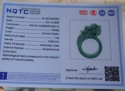 Certified Green Burma 100% Natural A JADE Jadeite Dragon RING USA. 10 龙戒指 638972  TN