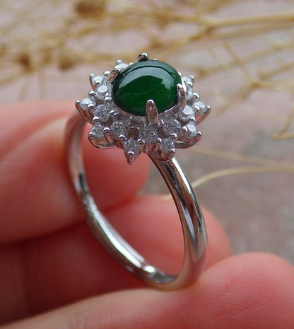Certified Icy Green silver 0.925 Burma 100% Natural A JADE Jadeite Cabochon Flower RING USA 7 戒指 638992  TN