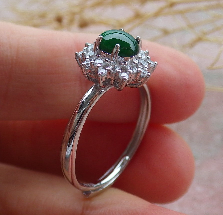 Certified Icy Green silver 0.925 Burma 100% Natural A JADE Jadeite Cabochon Flower RING USA 7 戒指 638992  TN
