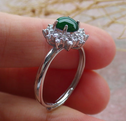 Certified Icy Green silver 0.925 Burma 100% Natural A JADE Jadeite Cabochon Flower RING USA 7 戒指 638992  TN