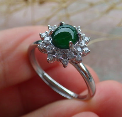 Certified Icy Green silver 0.925 Burma 100% Natural A JADE Jadeite Cabochon Flower RING USA 7 戒指 638992  TN