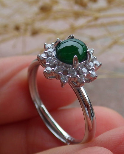 Certified Icy Green silver 0.925 Burma 100% Natural A JADE Jadeite Cabochon Flower RING USA 7 戒指 638992  TN