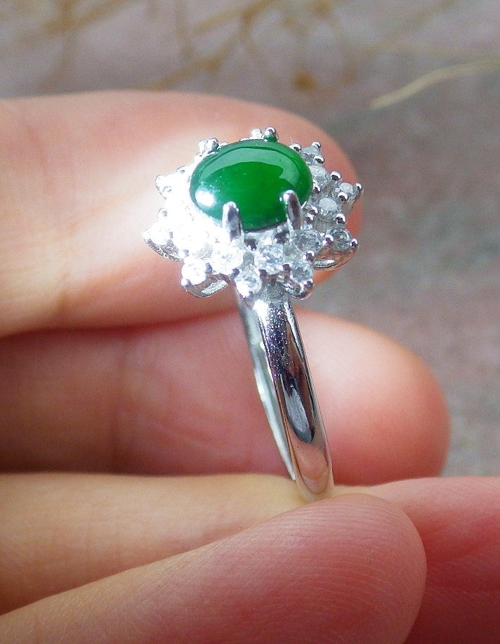 Certified Icy Green silver 0.925 Burma 100% Natural A JADE Jadeite Cabochon Flower RING USA 7 戒指 638992  TN