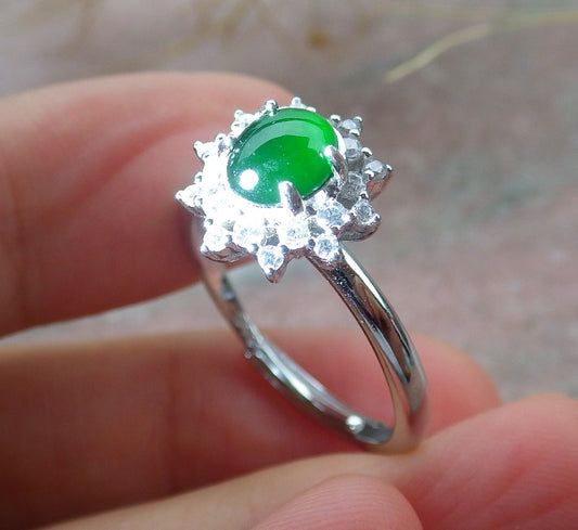 Certified Icy Green silver 0.925 Burma 100% Natural A JADE Jadeite Cabochon Flower RING USA 7 戒指 638992  TN