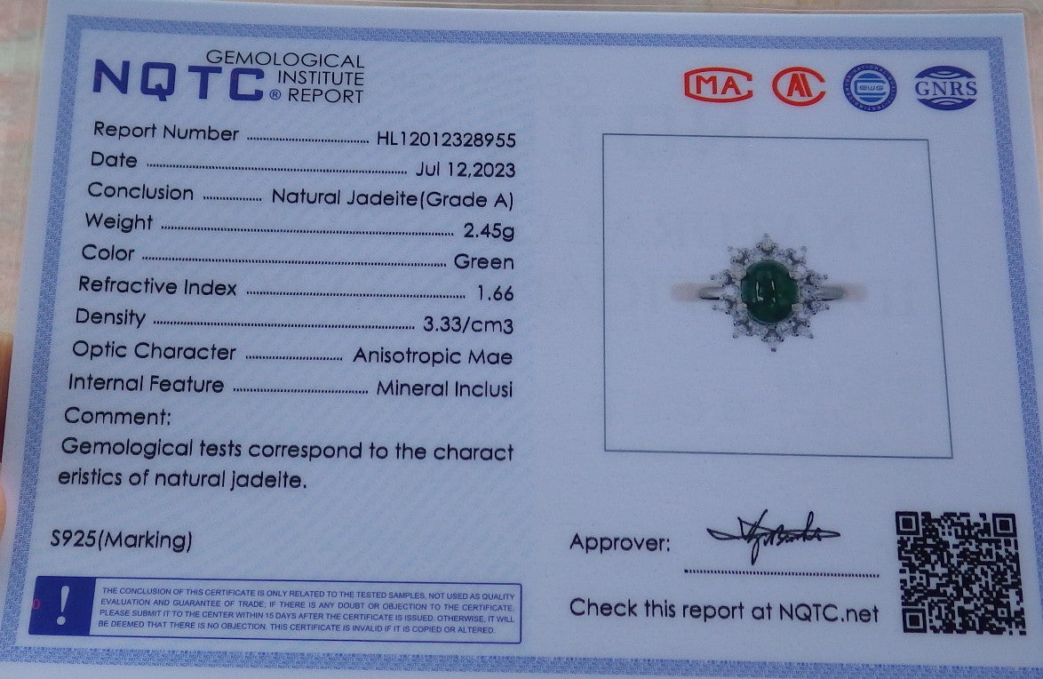 Certified Icy Green silver 0.925 Burma 100% Natural A JADE Jadeite Cabochon Flower RING USA 7 戒指 638992  TN