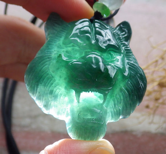 Certified Icy Green Burma 100% Natural A Jade jadeite Pendant Tiger Head Necklace 虎虎生威 639010  TN
