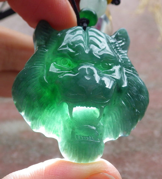 Certified Icy Green Burma 100% Natural A Jade jadeite Pendant Tiger Head Necklace 虎虎生威 639079  TN
