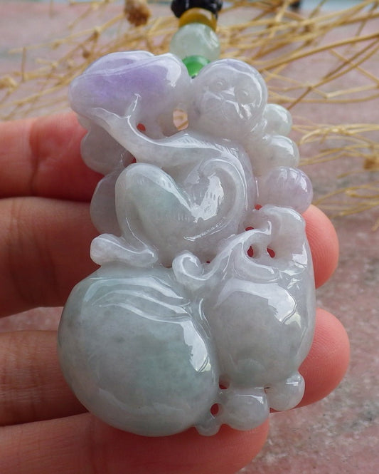 Certified Lavender Green Burma 100% Natural A Jade jadeite Pendant Monkey Yuan Bao Gourd Necklace 猴子 639272  TN