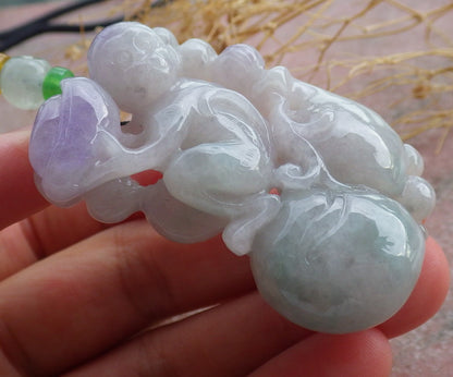 Certified Lavender Green Burma 100% Natural A Jade jadeite Pendant Monkey Yuan Bao Gourd Necklace 猴子 639272  TN