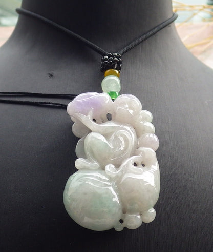 Certified Lavender Green Burma 100% Natural A Jade jadeite Pendant Monkey Yuan Bao Gourd Necklace 猴子 639272  TN