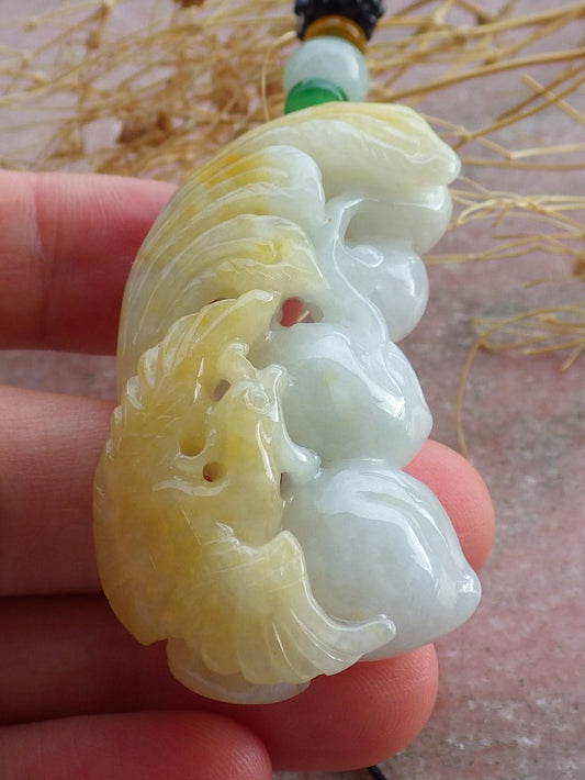 Certified Yellow Burma 100% Natural A Jade jadeite Pendant Phoenix Peach Necklace 凤凰 639288  TN