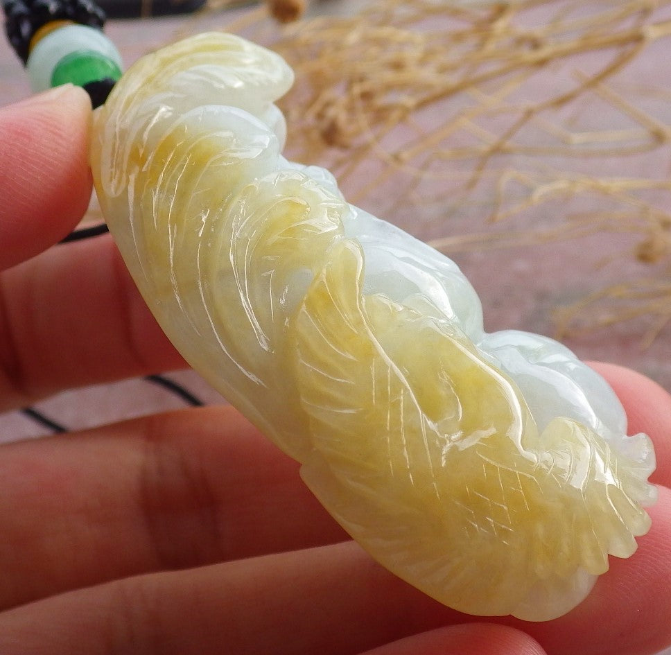 Certified Yellow Burma 100% Natural A Jade jadeite Pendant Phoenix Peach Necklace 凤凰 639288  TN