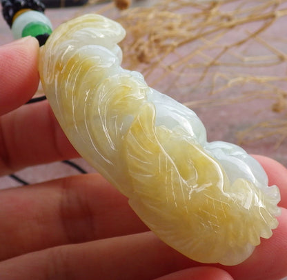 Certified Yellow Burma 100% Natural A Jade jadeite Pendant Phoenix Peach Necklace 凤凰 639288  TN