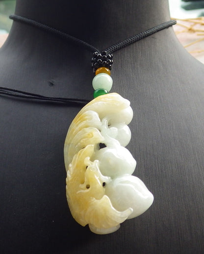 Certified Yellow Burma 100% Natural A Jade jadeite Pendant Phoenix Peach Necklace 凤凰 639288  TN