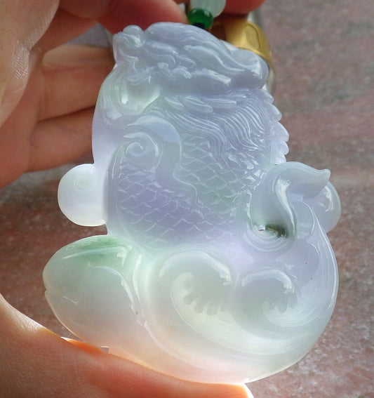 Certified Green Lavender Burma 100% Natural A Jade jadeite Pendant Dragon Fish Lotus Flower Necklace 龙鱼 639305  TN