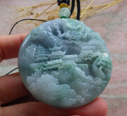 Certified Lavender Green Burma 100% Natural A Jade jadeite Pendant Landscape painting Dragon Teer Necklace 山水画 639323  TN