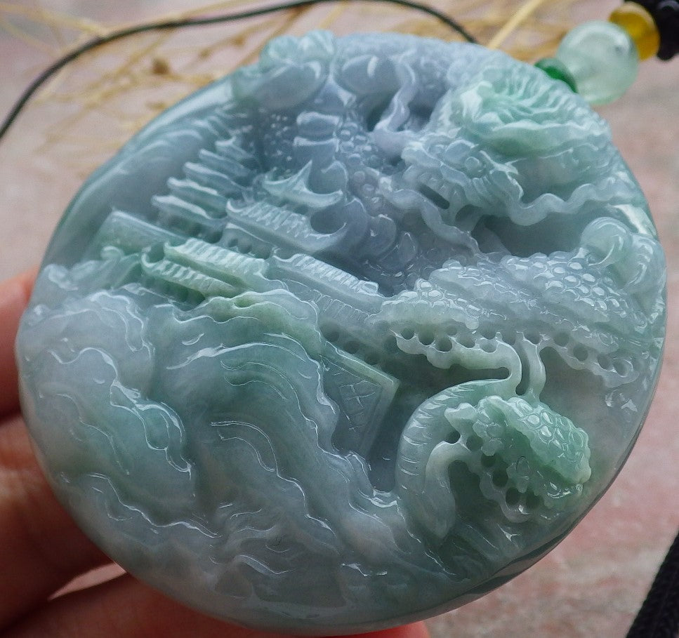 Certified Lavender Green Burma 100% Natural A Jade jadeite Pendant Landscape painting Dragon Teer Necklace 山水画 639323  TN