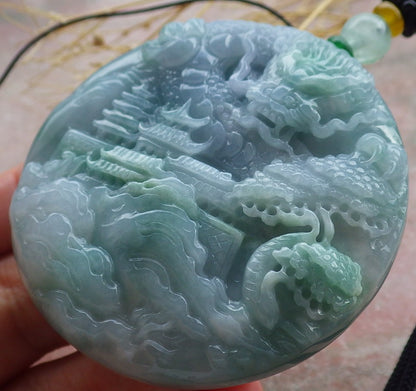 Certified Lavender Green Burma 100% Natural A Jade jadeite Pendant Landscape painting Dragon Teer Necklace 山水画 639323  TN