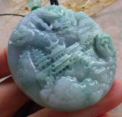 Certified Lavender Green Burma 100% Natural A Jade jadeite Pendant Landscape painting Dragon Teer Necklace 山水画 639323  TN