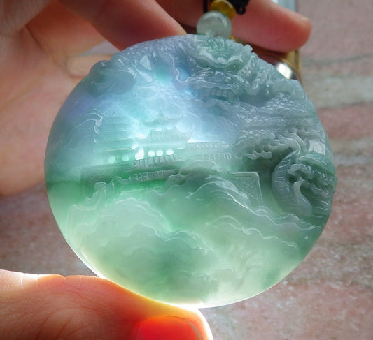 Certified Lavender Green Burma 100% Natural A Jade jadeite Pendant Landscape painting Dragon Teer Necklace 山水画 639323  TN