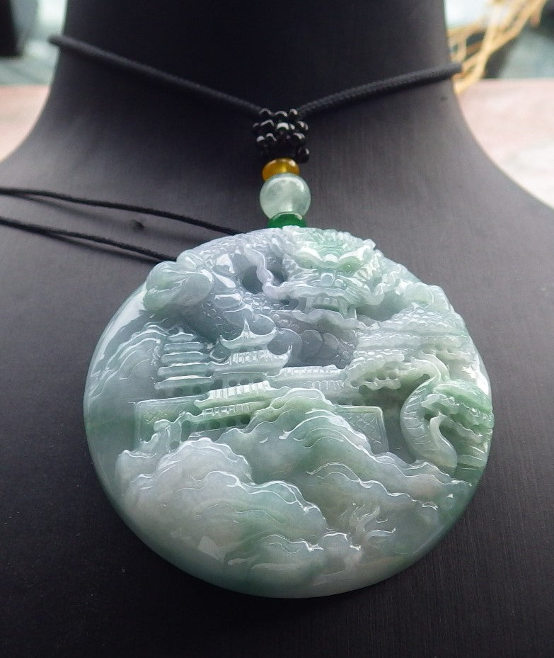 Certified Lavender Green Burma 100% Natural A Jade jadeite Pendant Landscape painting Dragon Teer Necklace 山水画 639323  TN
