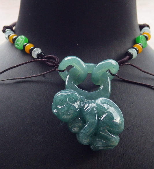 Certified Icy Green Burma 100% Natural A Jade jadeite Pendant Monkey Peach W Ring 猴子 639352  TN