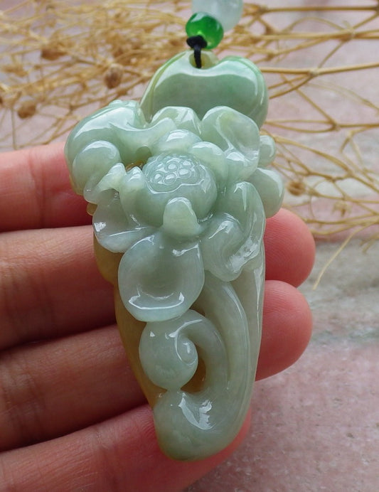 Certified Yellow Green Burma 100% Natural A Jade jadeite Pendant Frog Toad Lotus Flower Leaf Necklace 招财蟾 639368  TN