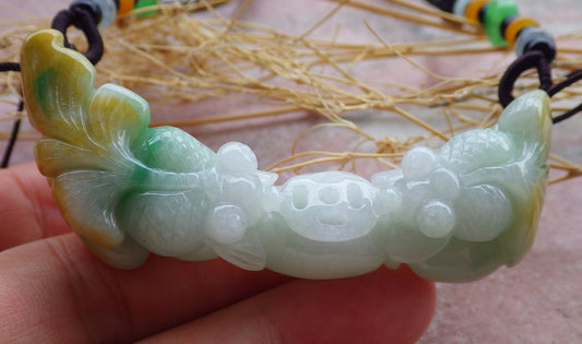 Certified Yellow Green Burma 100% Natural A Jade jadeite Pendant Gold Fish Lotus Coin Necklace 金玉满堂 639412  TN