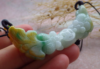 Certified Yellow Green Burma 100% Natural A Jade jadeite Pendant Gold Fish Lotus Coin Necklace 金玉满堂 639412  TN