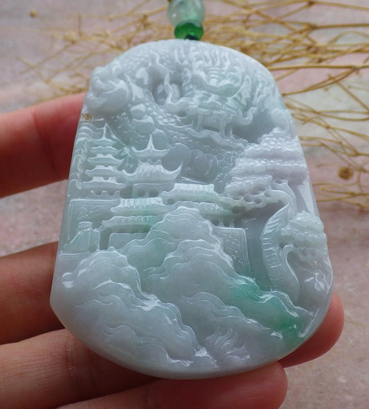Certified Green Burma 100% Natural A Jade jadeite Landscape painting Dragon Tree Necklace 山水画 639422  TN