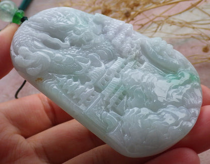 Certified Green Burma 100% Natural A Jade jadeite Landscape painting Dragon Tree Necklace 山水画 639422  TN