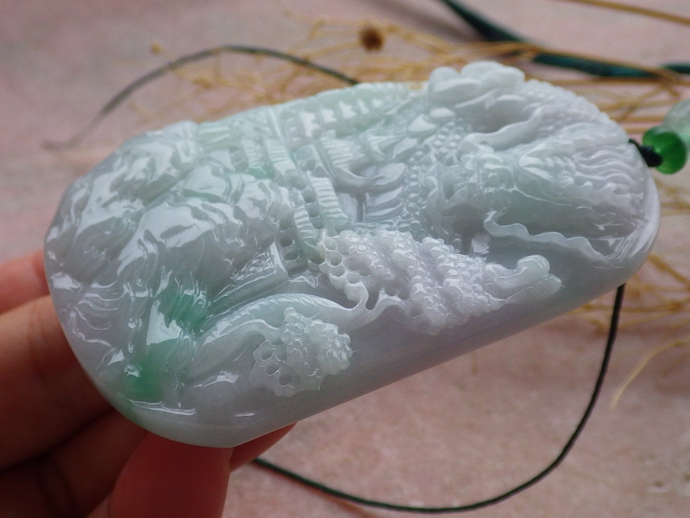 Certified Green Burma 100% Natural A Jade jadeite Landscape painting Dragon Tree Necklace 山水画 639422  TN