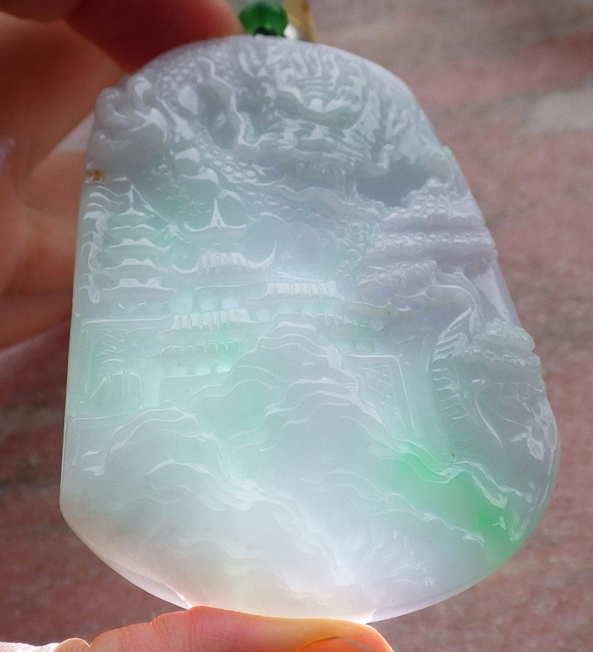 Certified Green Burma 100% Natural A Jade jadeite Landscape painting Dragon Tree Necklace 山水画 639422  TN
