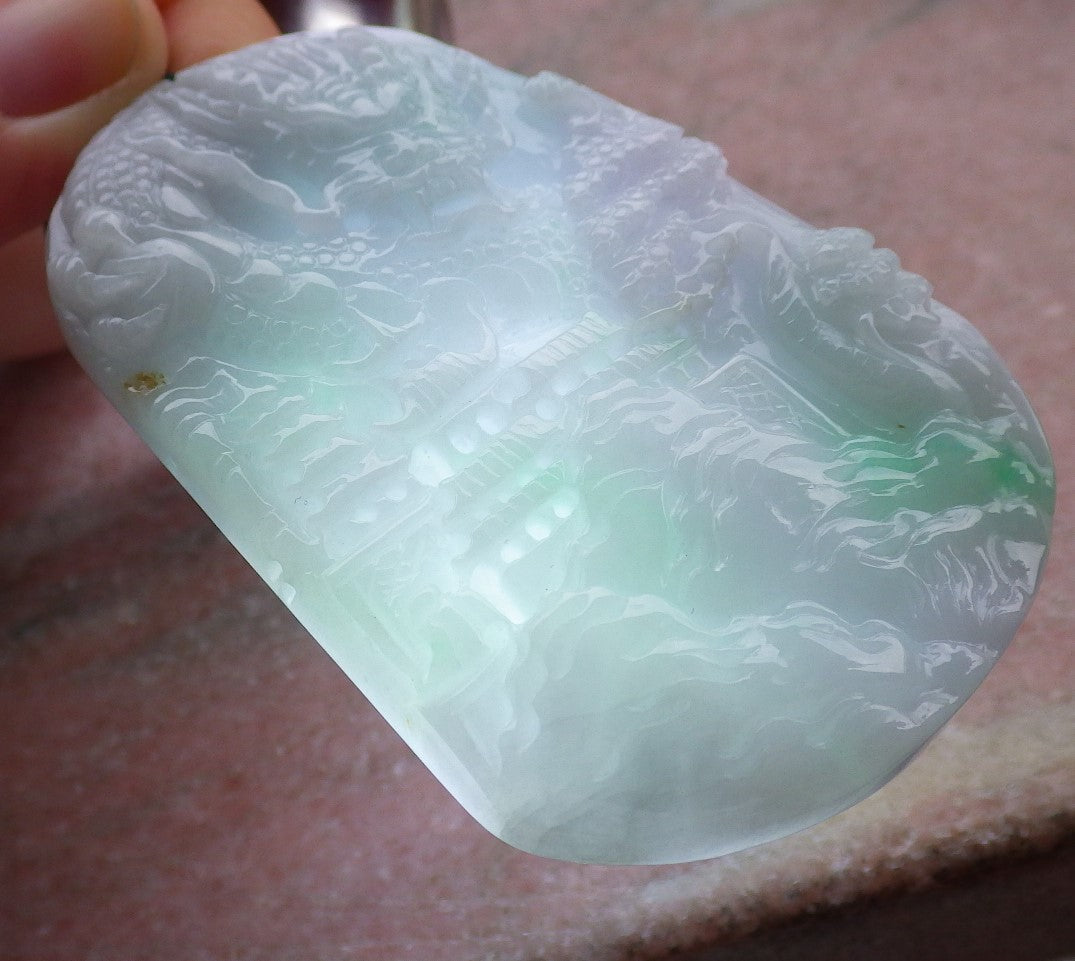 Certified Green Burma 100% Natural A Jade jadeite Landscape painting Dragon Tree Necklace 山水画 639422  TN