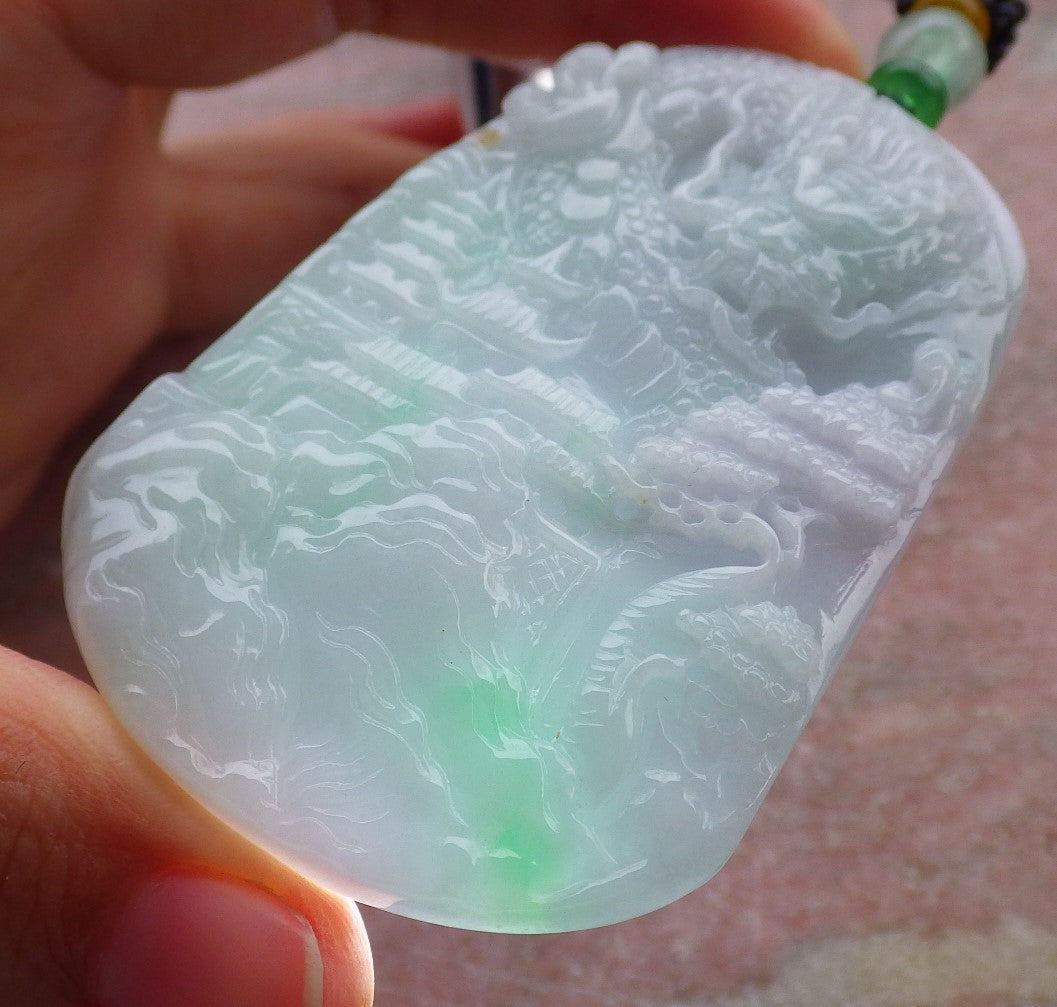 Certified Green Burma 100% Natural A Jade jadeite Landscape painting Dragon Tree Necklace 山水画 639422  TN