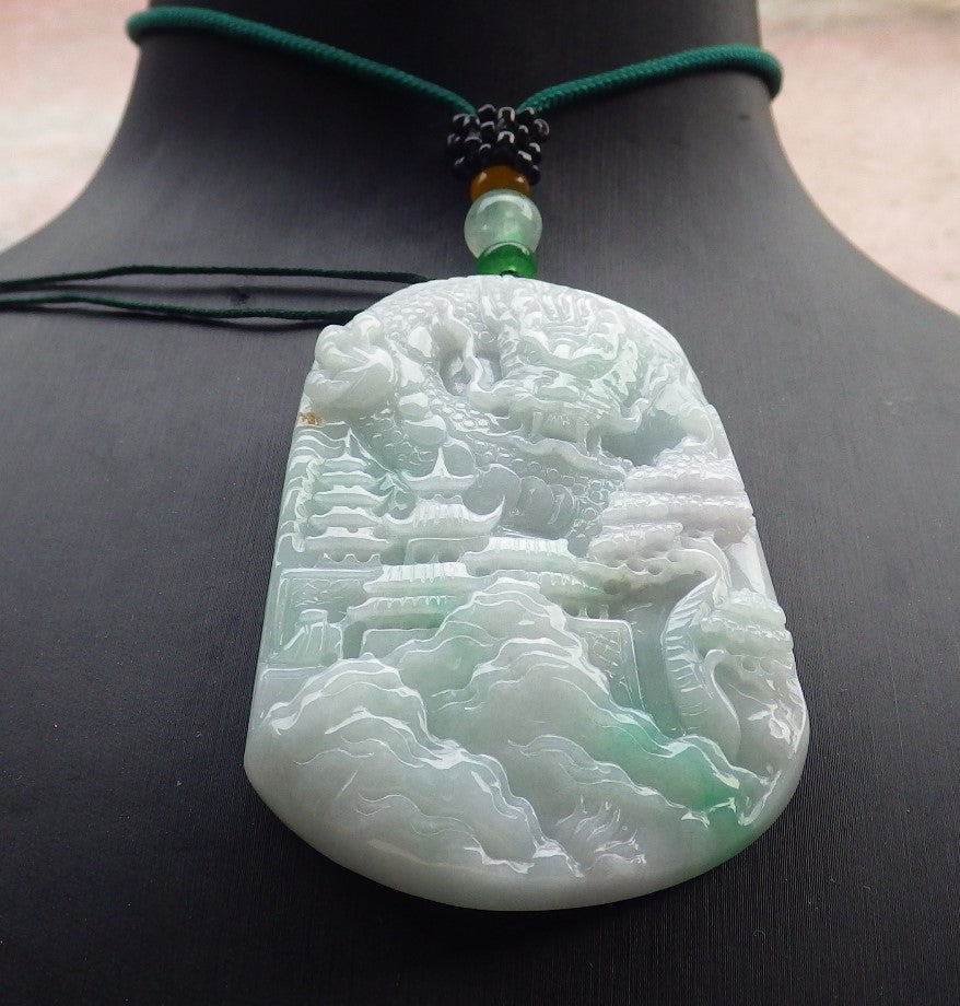 Certified Green Burma 100% Natural A Jade jadeite Landscape painting Dragon Tree Necklace 山水画 639422  TN