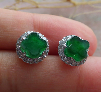 Certified Icy Green Sterling Silver 0.925 Burma Natural A Jade jadeite Leaf Flower Earrings Earring Dangle 耳环 639462  TN