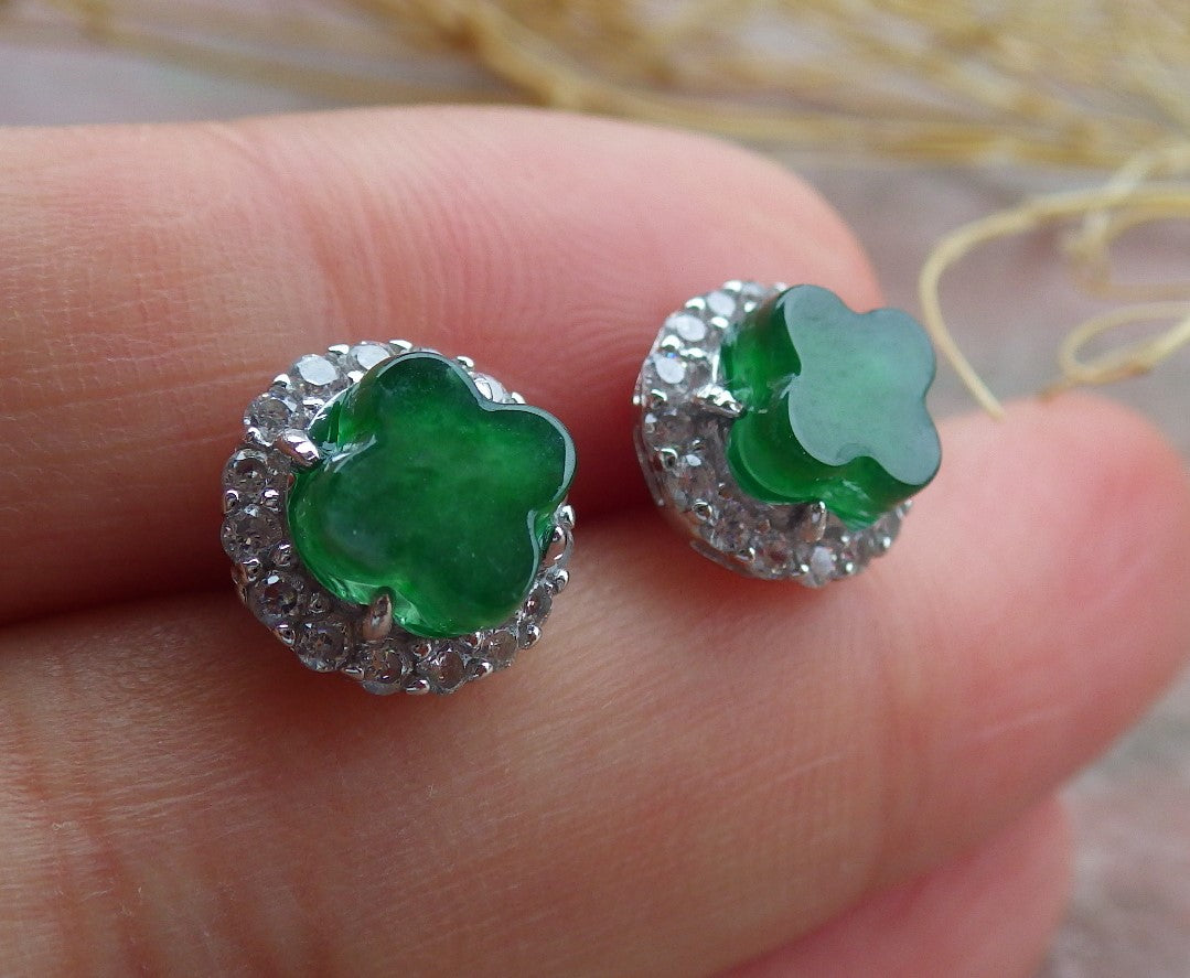 Certified Icy Green Sterling Silver 0.925 Burma Natural A Jade jadeite Leaf Flower Earrings Earring Dangle 耳环 639462  TN