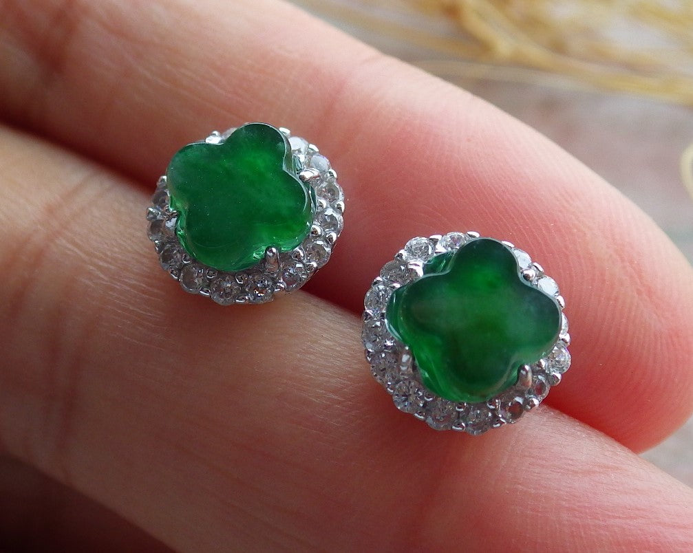 Certified Icy Green Sterling Silver 0.925 Burma Natural A Jade jadeite Leaf Flower Earrings Earring Dangle 耳环 639462  TN