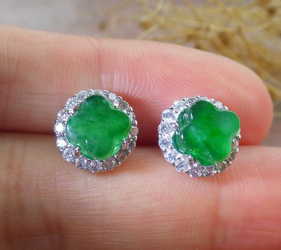 Certified Icy Green Sterling Silver 0.925 Burma Natural A Jade jadeite Leaf Flower Earrings Earring Dangle 耳环 639462  TN
