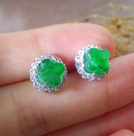 Certified Icy Green Sterling Silver 0.925 Burma Natural A Jade jadeite Leaf Flower Earrings Earring Dangle 耳环 639462  TN