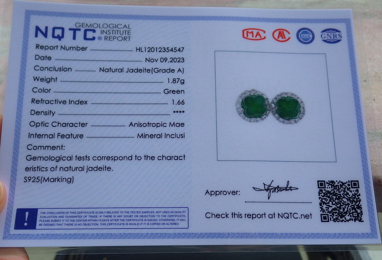 Certified Icy Green Sterling Silver 0.925 Burma Natural A Jade jadeite Leaf Flower Earrings Earring Dangle 耳环 639462  TN
