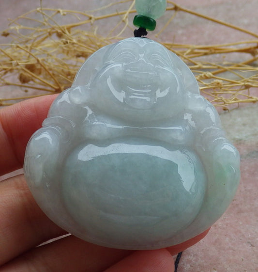 Certified Icy Green Burma 100% Natural A Jade jadeite pendant Happy Buddha God Necklace 开心佛 639505  TN